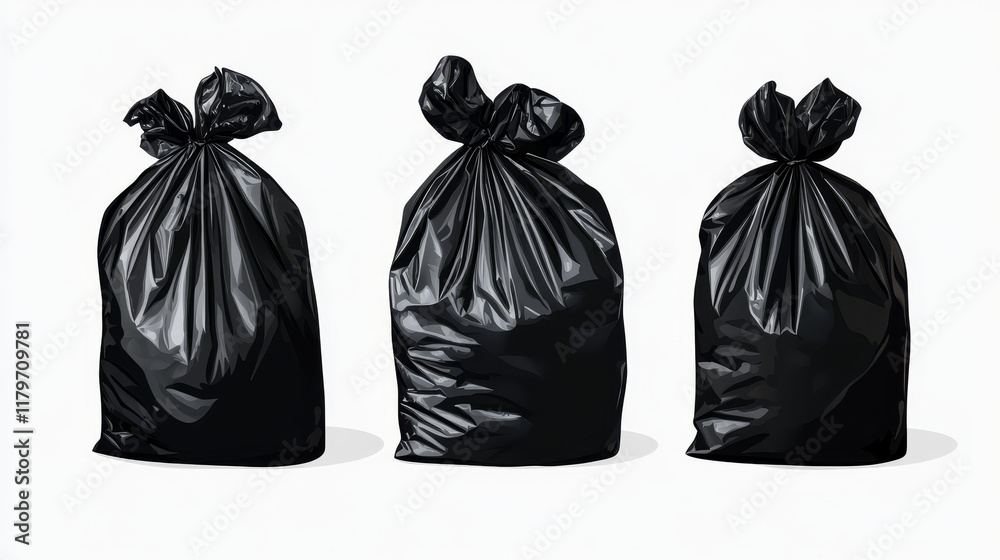 Set of black garbage bags. Isolated on white background. Vector illustration. Set of black garbage bags. Isolated on white background. Vector illustration.