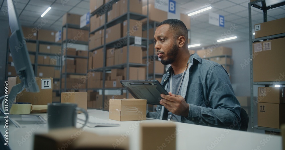 African American warehouse associate scans parcel using tablet computer, looks at PC screen, works in post office. Sorting center employee carrying boxes for shipping. Storage of E-commerce store. African American warehouse associate scans parcel using tablet computer, looks at PC screen, works in post office. Sorting center employee carrying boxes for shipping. Storage of E-commerce store.