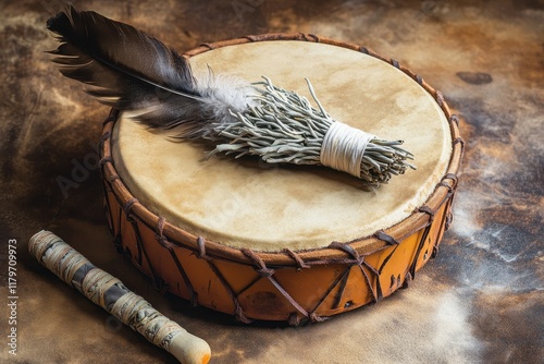 A handcrafted leather meditation drum accompanied by a sacred feather and a smudge stick of white sage photo