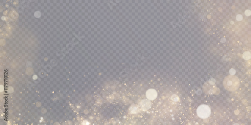 Magical golden cloud of glitter dust. Fine, shiny bokeh glitter particles and fine bright dust. Christmas golden glow effect on transparent PNG background.