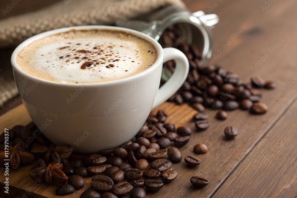 Close-Up of Coffee Cup with Coffee Beans Close-Up of Coffee Cup with Coffee Beans