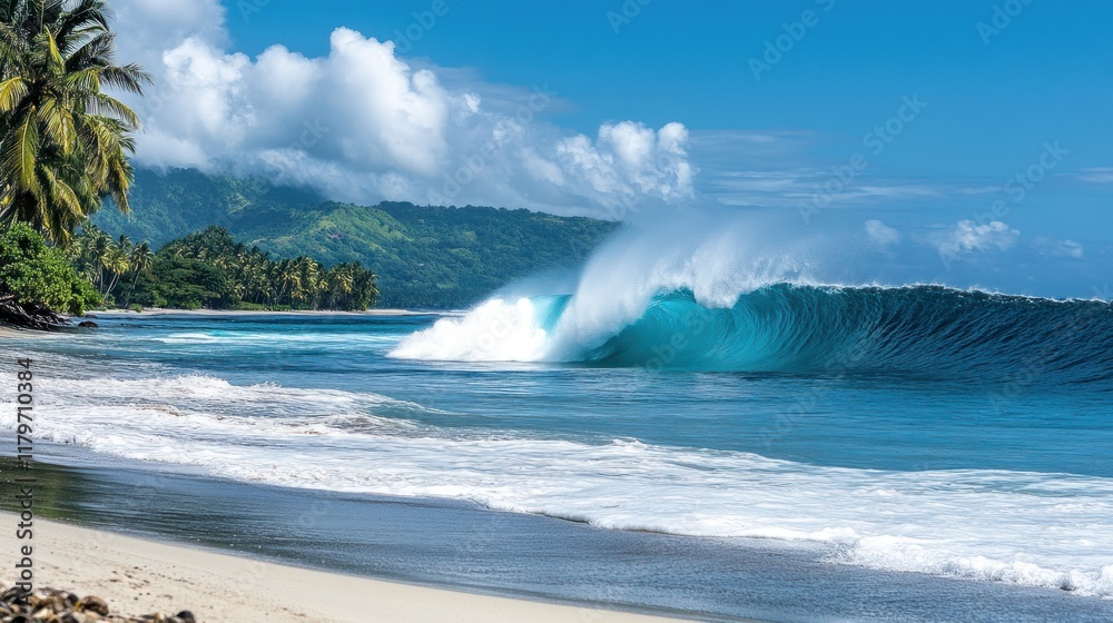 Naklejka premium A Sea water wave. powerful teahupoo wave, famous for surfing, looms with crystal blue waters and frothy white spray