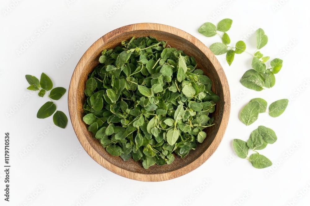 A potato dish with fresh fenugreek and spices photographed on a white background A potato dish with fresh fenugreek and spices photographed on a white background