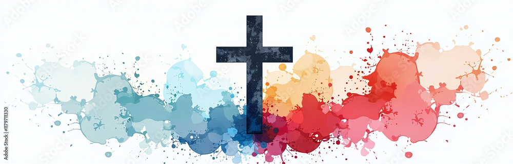 A Christian Symbol Featuring A Dark Cross Against Colorful Watercolor Splashes Set Against A White Background In Isolation. 00003 A Christian Symbol Featuring A Dark Cross Against Colorful Watercolor Splashes Set Against A White Background In Isolation. 00003