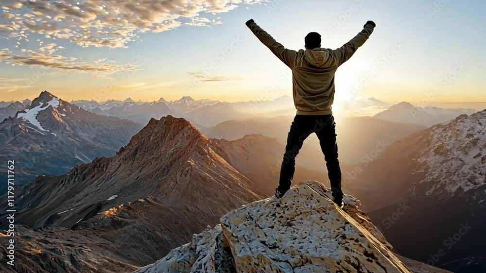 A person stands triumphantly on a mountain peak, basking in the sunrise over the landscape. A person stands triumphantly on a mountain peak, basking in the sunrise over the landscape.