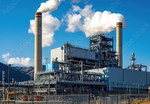 A modern industrial power plant with two tall smokestacks emitting white clouds of steam against the blue sky.  photo