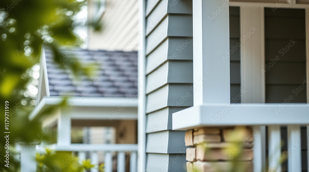 Close-up of a house exterior showcasing gray and white siding, a stone accent, and a partially visible porch. Blurred background shows additional house features and greenery. Close-up of a house exterior showcasing gray and white siding, a stone accent, and a partially visible porch. Blurred background shows additional house features and greenery.