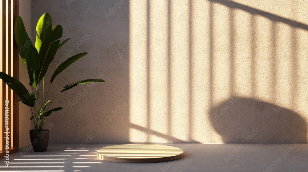 Fototapeta premium Minimalist interior scene with round wooden platform, plant, and sunlight shadows on beige wall.