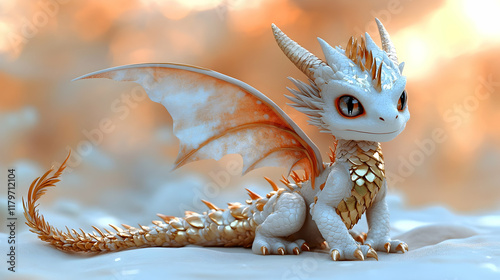 Adorable Baby Dragon with Golden Scales in a Whimsical Fantasy Setting photo