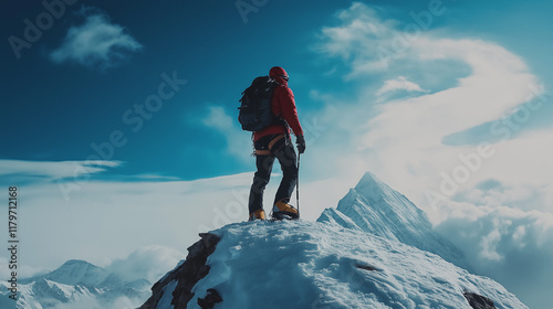 A person climbs tall mountains in competition with himself.
