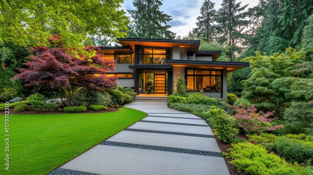 The entrance to a modern home, surrounded by vibrant greenery, featuring sleek design elements and a well-maintained pathway, reflecting contemporary style. The entrance to a modern home, surrounded by vibrant greenery, featuring sleek design elements and a well-maintained pathway, reflecting contemporary style.