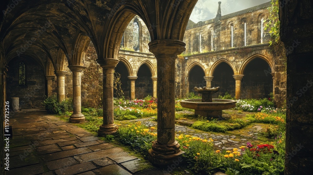 A medieval cloister with thick pillars a fountain in the center and light illuminating the wildflower garden A medieval cloister with thick pillars a fountain in the center and light illuminating the wildflower garden