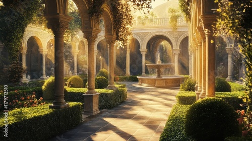 A peaceful cloister with arches a fountain and sunlight streaming through creating deep shadows and ambiance