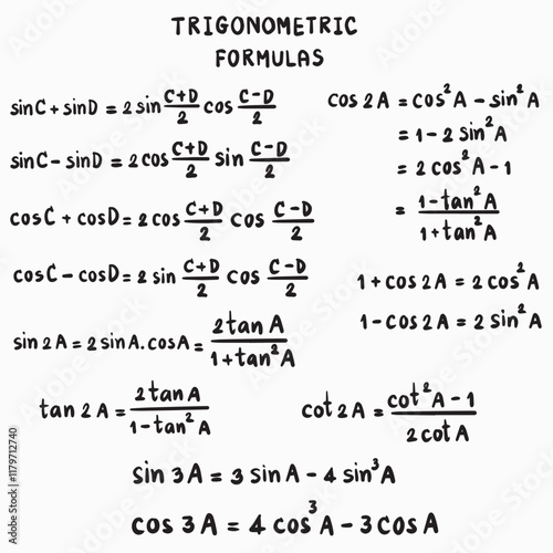 trigonometric formulas math handwritten illustration