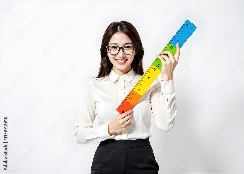 A young beautiful female teacher in a white background holding a yellow ruler, wearing spectacles showcasing various cute expressions A young beautiful female teacher in a white background holding a yellow ruler, wearing spectacles showcasing various cute expressions