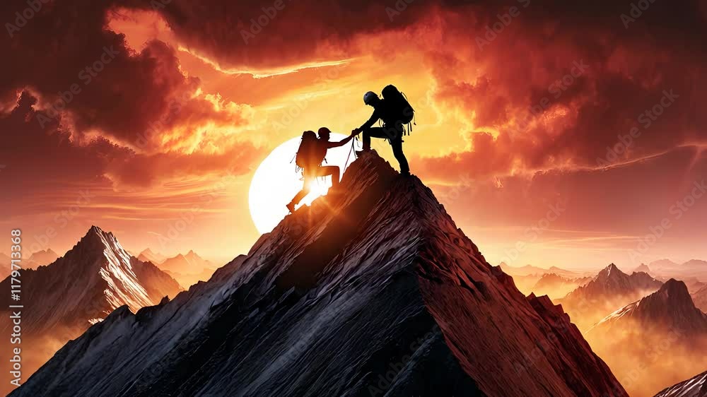 Silhouettes of Climbers Helping Each Other on a Mountain Peak at Sunset with a Dramatic Fiery Sky
Silhouettes of Climbers Helping Each Other on a Mountain Peak at Sunset with a Dramatic Fiery Sky