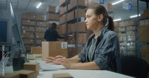 Female warehouse clerk scans parcel with barcode scanner, uses computer, works in postal service. Sorting center employee checks cardboard boxes for shipping to clients. Logistics distribution center.