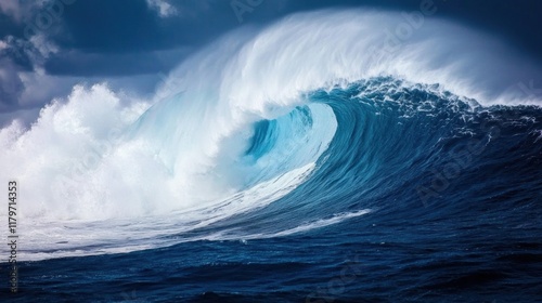 A Sea water wave. powerful teahupoo wave, famous for surfing, looms with crystal blue waters and frothy white spray