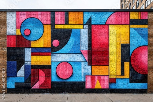 urban contemporary street art mural featuring bold colors and dynamic geometric patterns with modern cultural elements and artistic expression