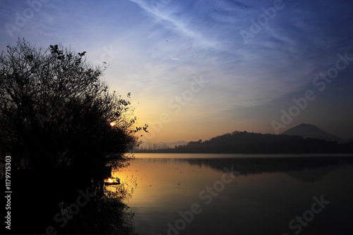 Tranquil Moments of Nature: Birds, Sunsets, and Serene Landscapes. Winter Morning Landscape of Junam Reservoir in Changwon, South Gyeongsang Province, South Korea