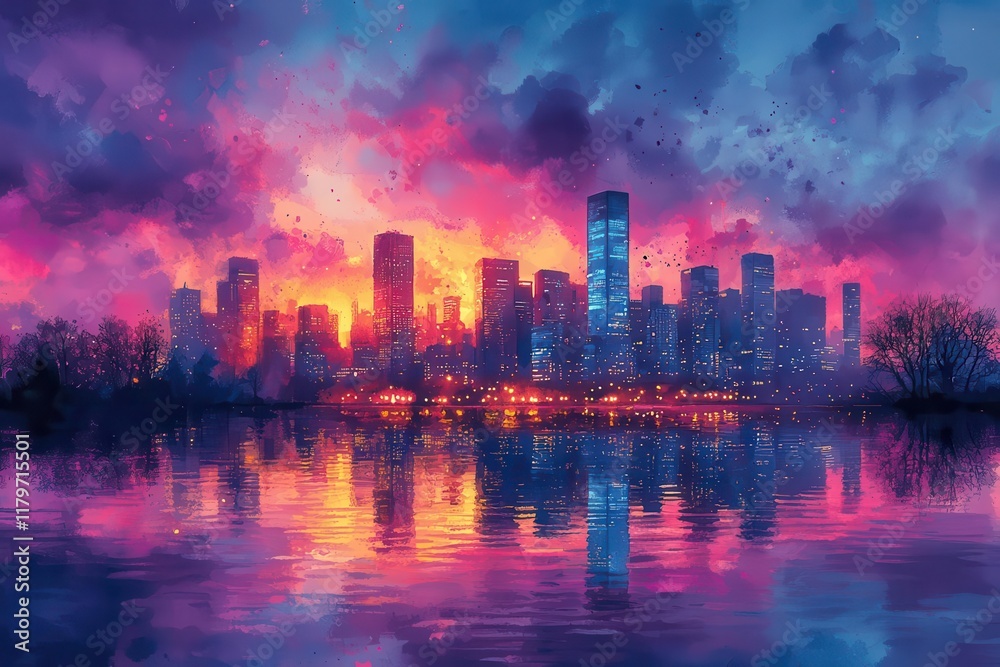 Fototapeta premium vibrant watercolor cityscape at twilight with modern skyscrapers reflecting in still water, purple and blue gradient sky with golden sunset highlights
