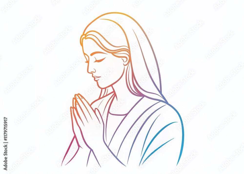 Line Art Sketch of Praying Figure: Spiritual Minimalist Religious Artwork Line Art Sketch of Praying Figure: Spiritual Minimalist Religious Artwork