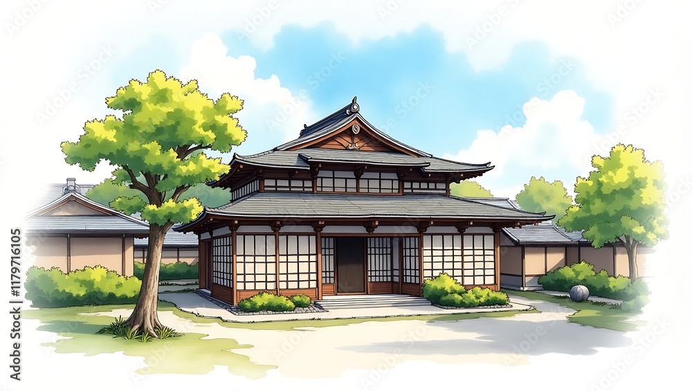 Red Japanese Blossom Illustration watercolor style, japanese village Red Japanese Blossom Illustration watercolor style, japanese village