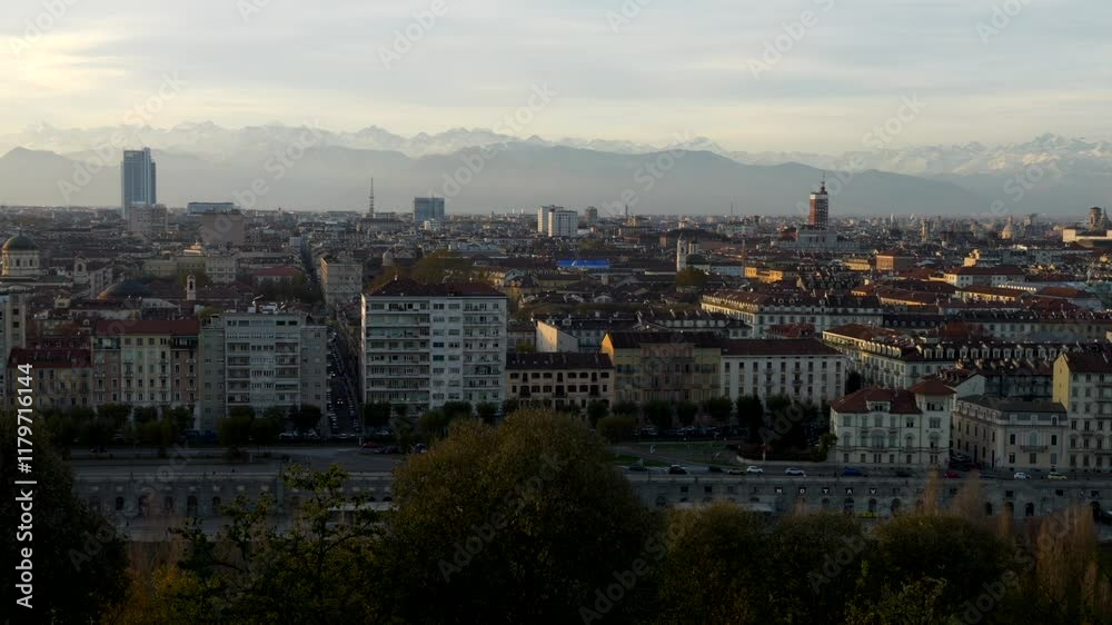 Italy, Turin, 11-10-2024. Panoramic view, City of Turin from Monte dei cappuccini at sunset. Slow motion 4K