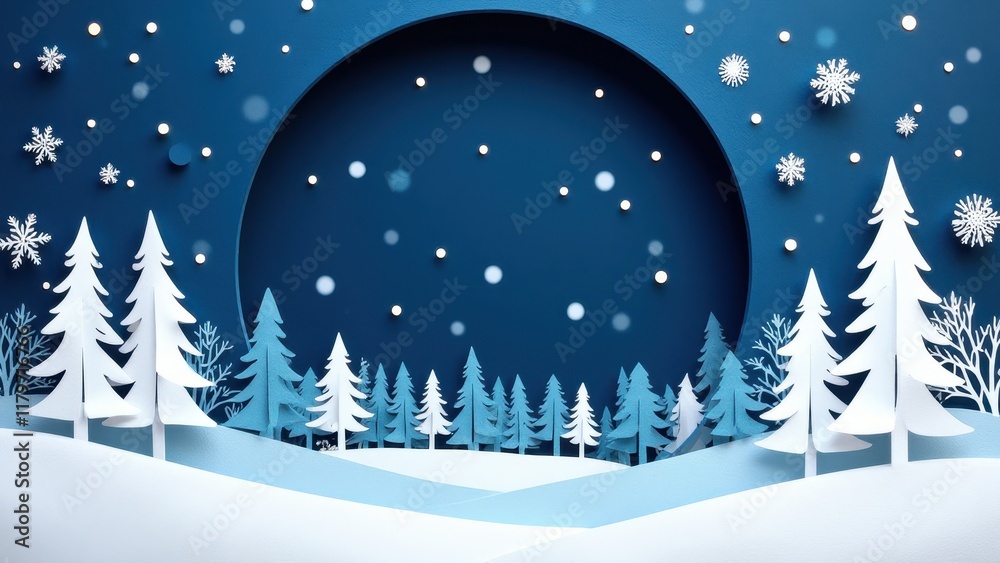 Naklejka premium A serene winter scene features a vast blue sky flecked with white stars, suspended in a swirling vortex of snowflakes against a deep cerulean backdrop
