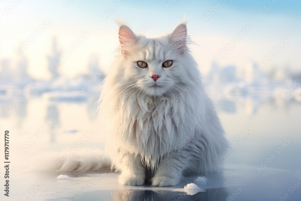 Portrait of a smiling turkish angora cat over backdrop of a frozen winter lake Portrait of a smiling turkish angora cat over backdrop of a frozen winter lake