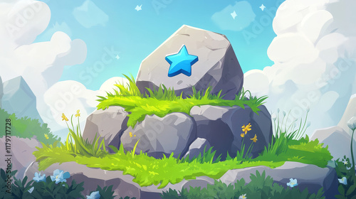 Game ui interface indicator to select level cartoon design. Isolated rock activation button item with blue star score and green grass. Arcade mobile videogame assets for selection template kit photo