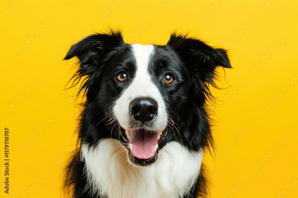 Ultra Hd Visual of Border Collie Dog on Isolated Yellow Colored Background Ultra Hd Visual of Border Collie Dog on Isolated Yellow Colored Background
