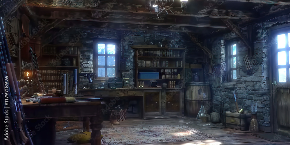Interior View of a Stone Room with Firearms and Bookshelves Interior View of a Stone Room with Firearms and Bookshelves