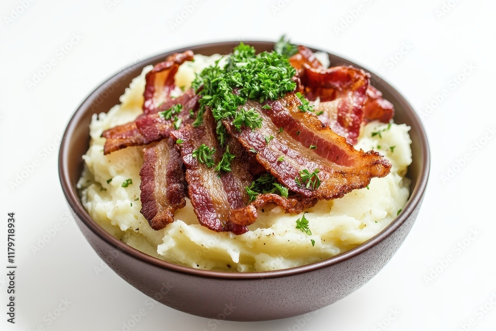 Bowl of fried bacon mashed potatoes and parsley on white Bowl of fried bacon mashed potatoes and parsley on white