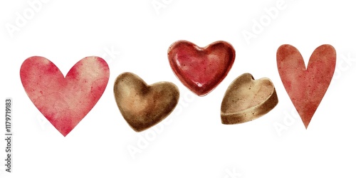 Red, pink and chocolates candies hearts set on white. Watercolor illustration for packaging, cards, invitations, holidays Spring, birthday, Valentine's Day, wedding or Mother's Day