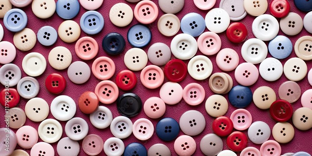Fototapeta premium Colorful buttons scattered on a pink surface