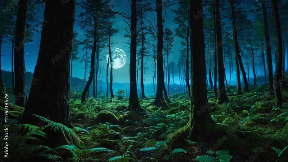 Fototapeta premium Ethereal Bioluminescent Forest: Radiant Glowing Trees Under Starry Enormous Moon