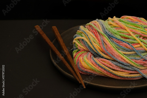 Multicolored candied spaghetti gummies liying on a black ceramic plate on the table, top view. Nearby lie two  brown  sticks. photo