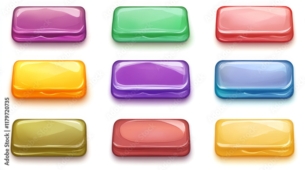 Rectangular buttons for game menu, mobile app or website interface. Vector cartoon set of blank glossy web buttons rainbow colors isolated on white background Rectangular buttons for game menu, mobile app or website interface. Vector cartoon set of blank glossy web buttons rainbow colors isolated on white background