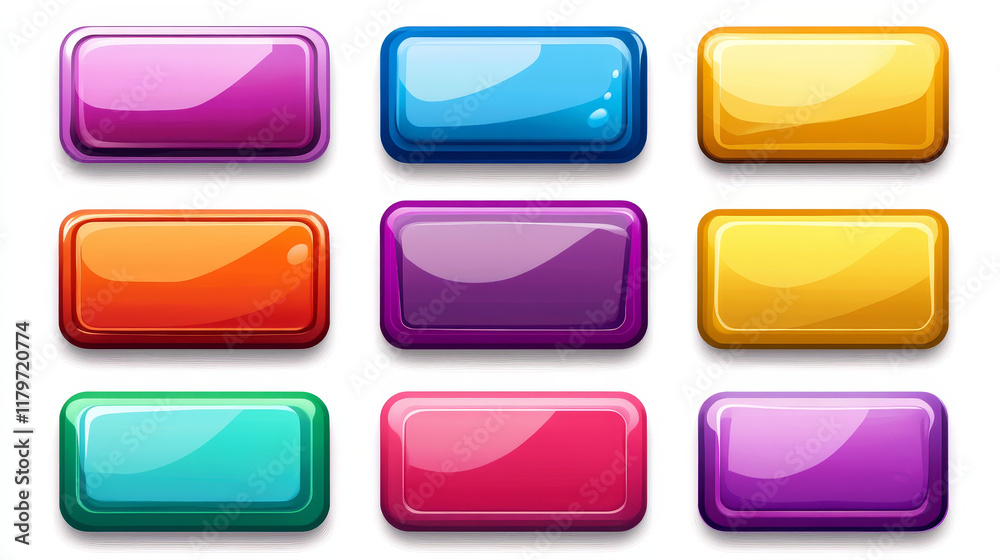 Rectangular buttons for game menu, mobile app or website interface. Vector cartoon set of blank glossy web buttons rainbow colors isolated on white background Rectangular buttons for game menu, mobile app or website interface. Vector cartoon set of blank glossy web buttons rainbow colors isolated on white background