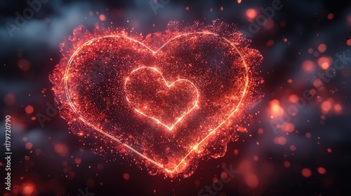 Fiery Heart Abstract, Glowing Particles, Dark Background, Valentine's Design.