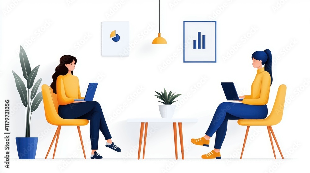 Two Women Working on Laptops in a Modern Office Space with Minimalist Decor Two Women Working on Laptops in a Modern Office Space with Minimalist Decor
