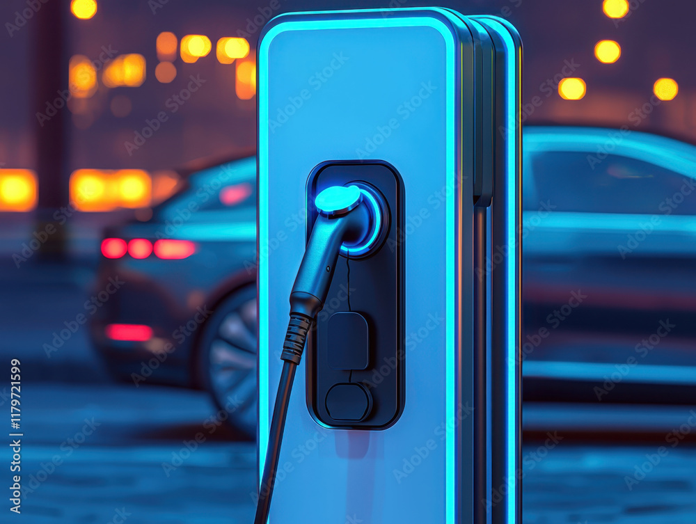 Fototapeta premium Fuel nozzle gas concept. An electric vehicle charging station illuminated at night, showcasing modern design and technology against a blurred car backdrop.