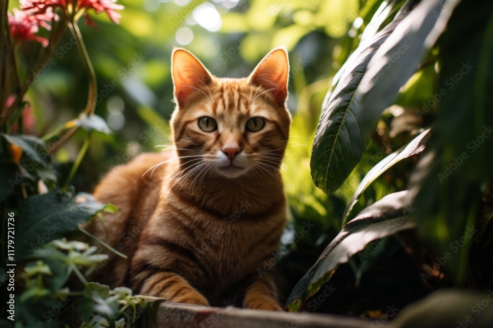 Fototapeta premium Portrait of a cute havana brown cat in lush botanical garden