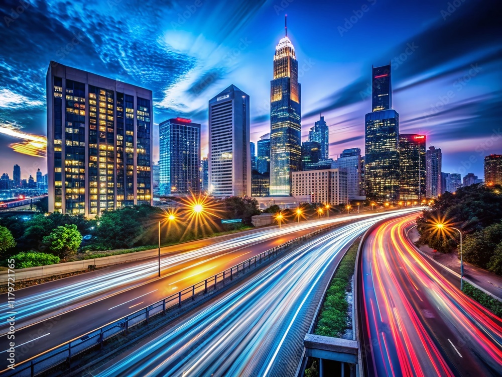 Obraz premium Long Exposure City Lightscape at Night - Urban Skyline Panorama