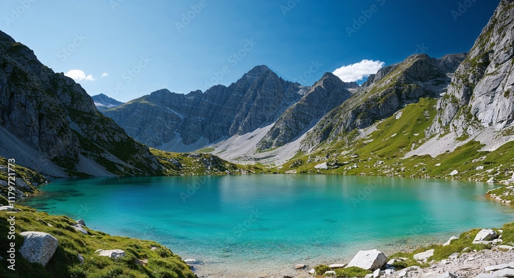 A secluded crystalclear lake nestled between high mountain ridges