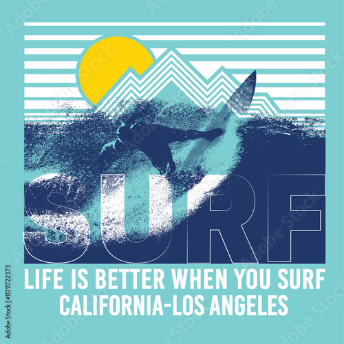 Vector illustration on the theme of surfing and surf in California. Sport typography, t-shirt graphics, print, poster, banner, flyer, postcard photo