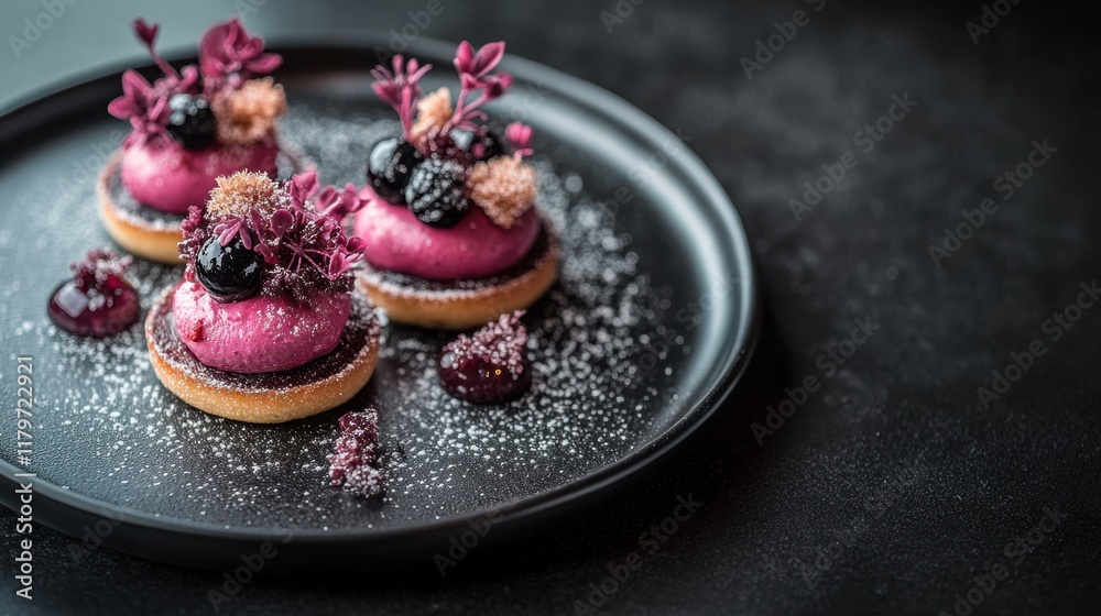 Naklejka premium Vividly decorated pastries with intricate toppings are placed on a sleek black plate, creating a striking visual contrast against the dark setting.