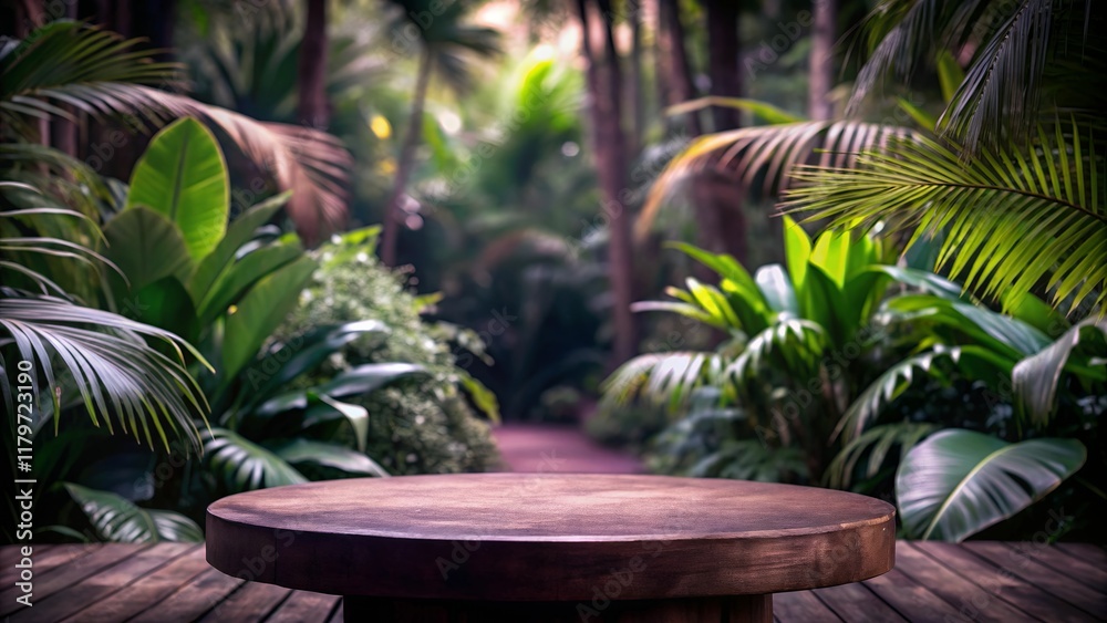 tropical garden with trees podium resting on a rugged rock platform, surrounded by a rich green forest and soft blue sky, providing a serene setting for product presentation tropical garden with trees podium resting on a rugged rock platform, surrounded by a rich green forest and soft blue sky, providing a serene setting for product presentation
