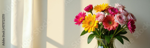 Wallpaper Mural A Bouquet Of Vibrant Flowers Sits In A Glass Vase Against Sunny Curtains And A Textured Canvas Wall Background. 00001 Torontodigital.ca